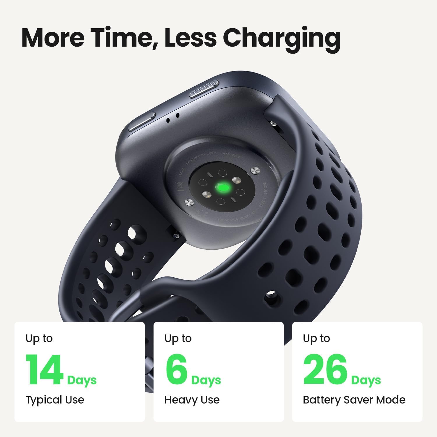 More Time, Less Charging

Up to 14 Days Typical Use

Up to 6 Days Heavy Use

Up to 26 Days Battery Saver Mode