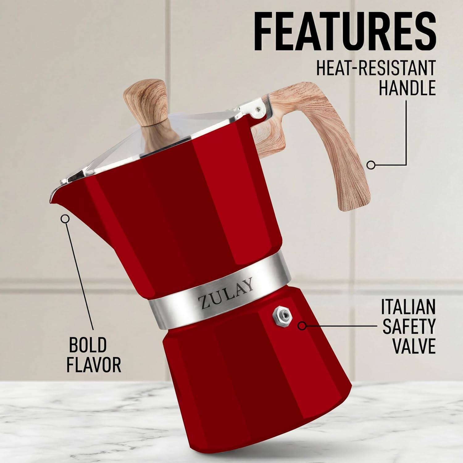 FEATURES  
- HEAT-RESISTANT HANDLE  
- BOLD FLAVOR  
- ITALIAN SAFETY VALVE