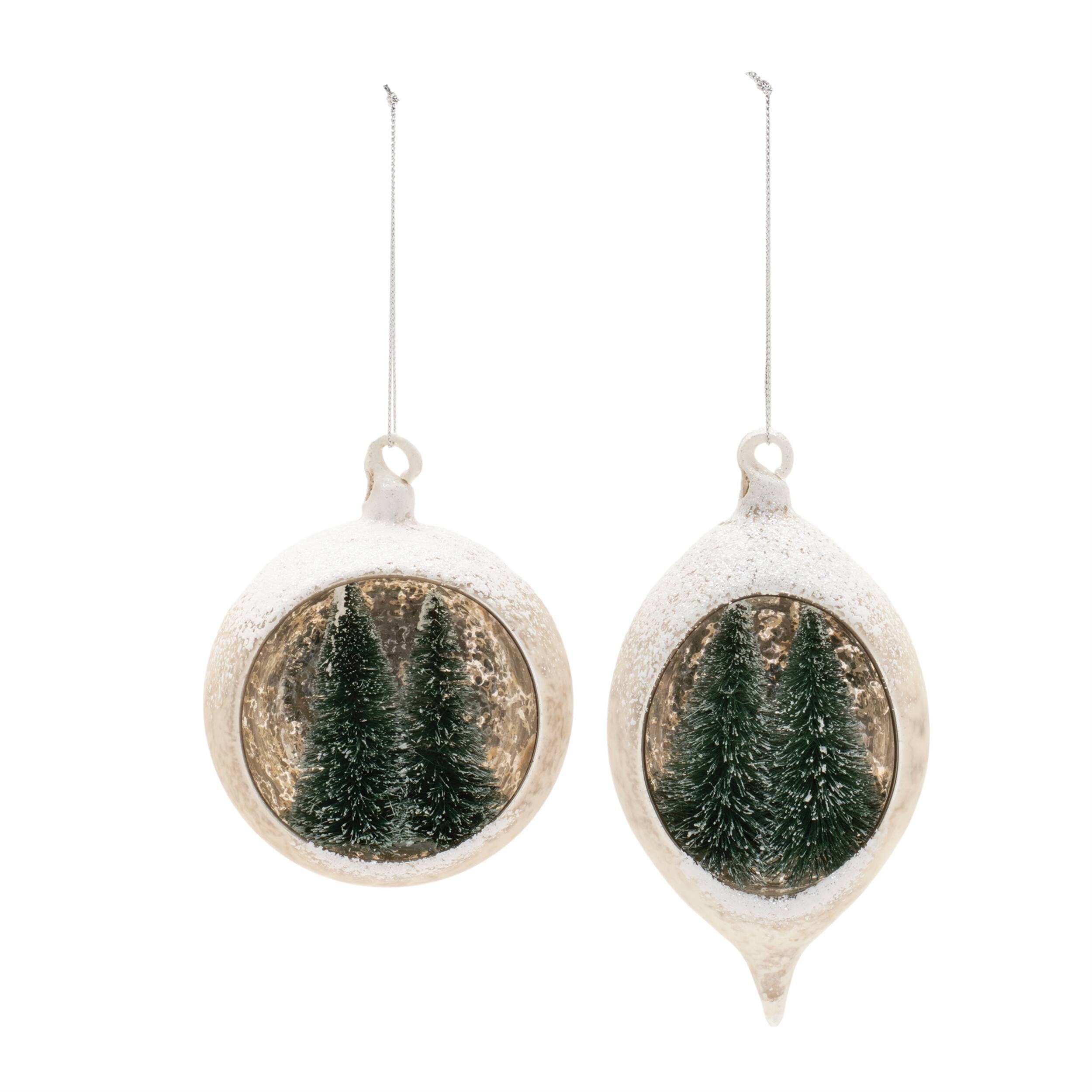 Angle. BreeBe - Mercury Glass Ornament with Pine Trees (Set of 6) - White, Green.