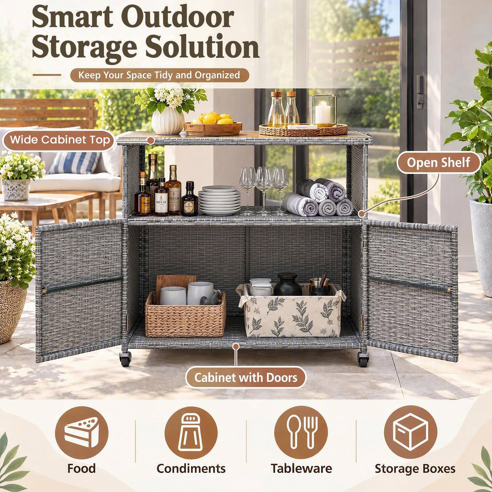 Smart Outdoor Storage Solution  
Keep Your Space Tidy and Organized

- Wide Cabinet Top
- Open Shelf
- Cabinet with Doors

Icons:
- Food
- Condiments
- Tableware
- Storage Boxes