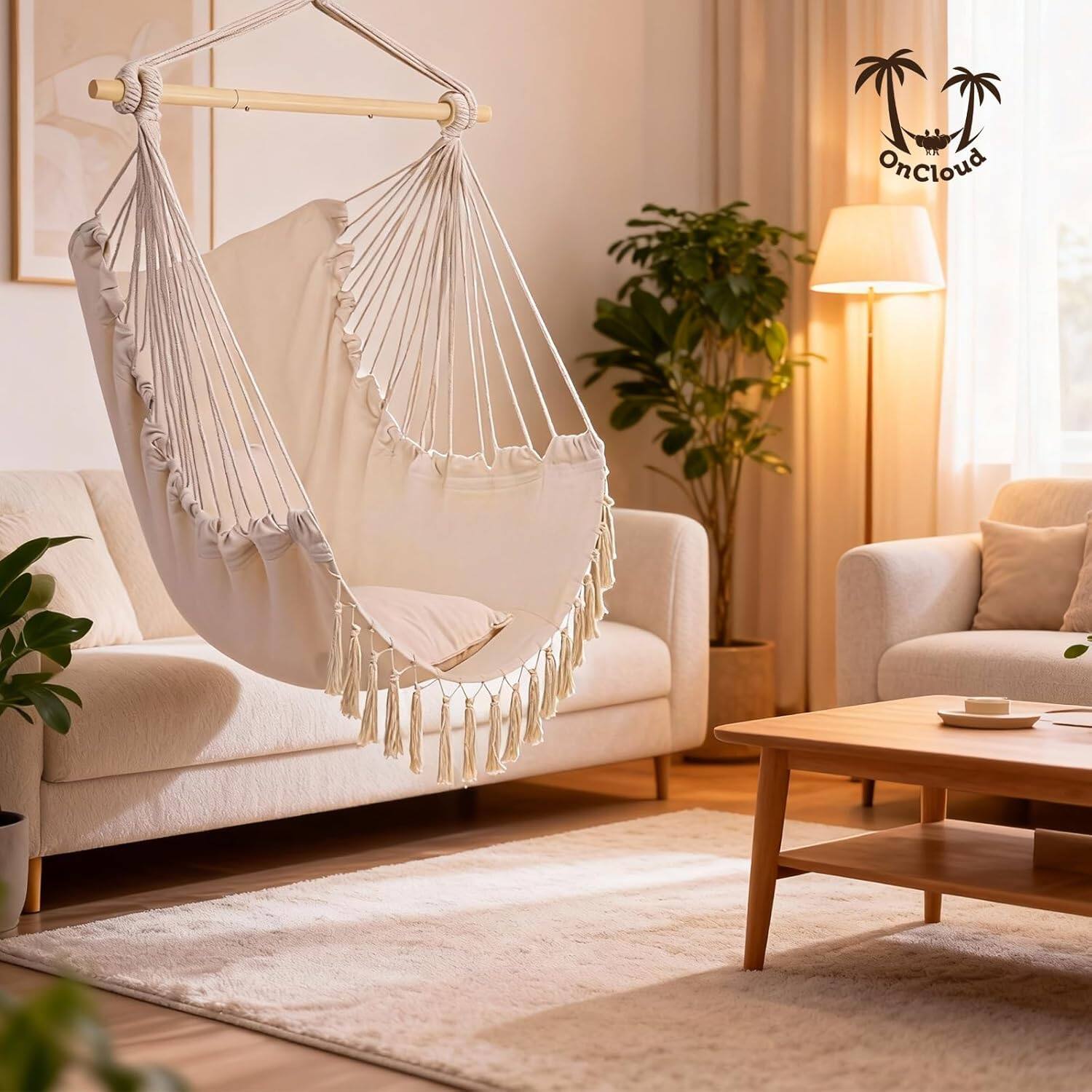 Alt View 8. Winado - Hanging Rope Swing Hammock Chair Macrame Hammock Swing Seat w/ 2 Cushions, Steel Spreader Bar, Tassels for In/Outdoor - Beige.