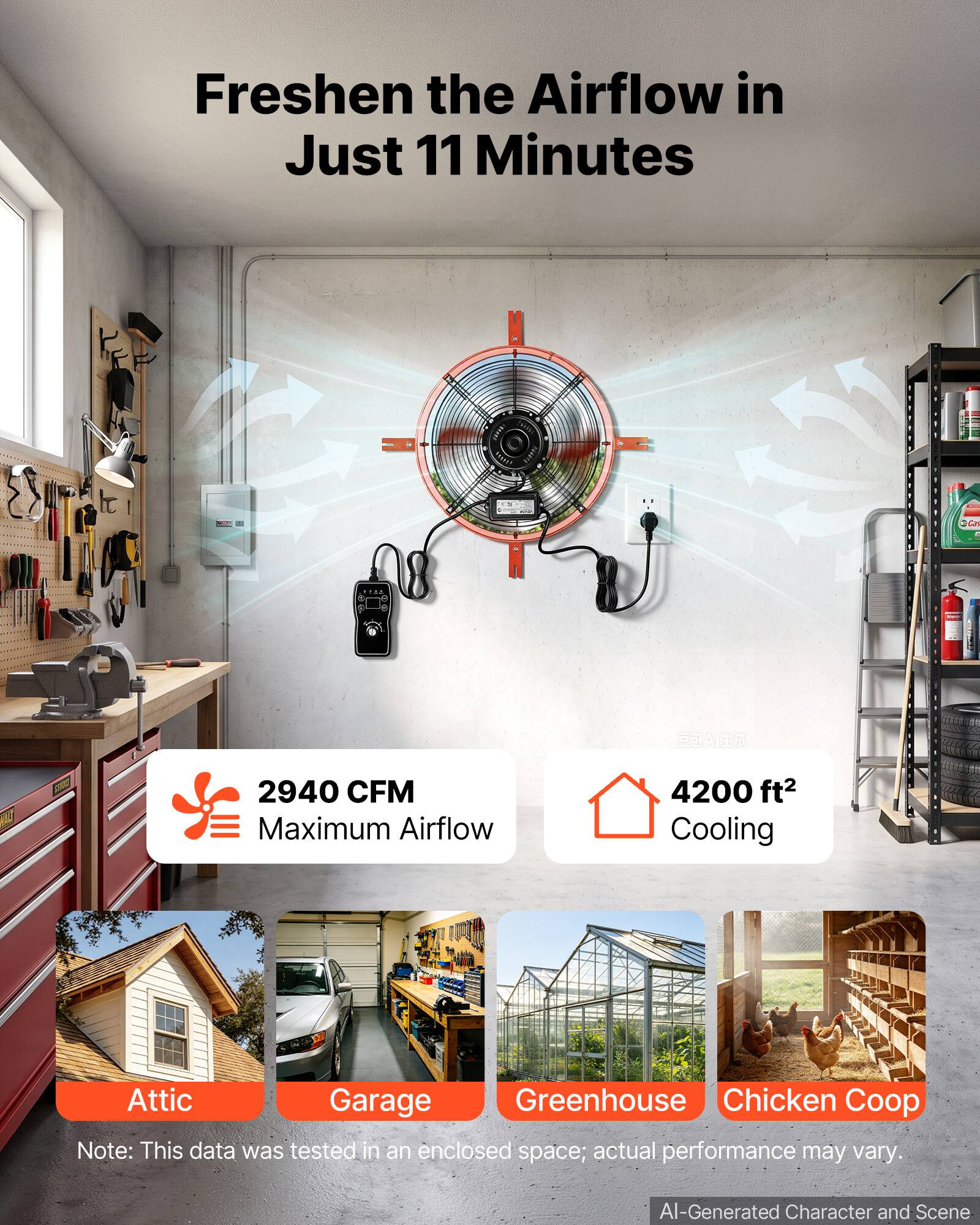 Freshen the Airflow in Just 11 Minutes

2940 CFM Maximum Airflow
4200 ft² Cooling

Attic Garage Greenhouse Chicken Coop

Note: This data was tested in an enclosed space; actual performance may vary.

AI-Generated Character and Scene