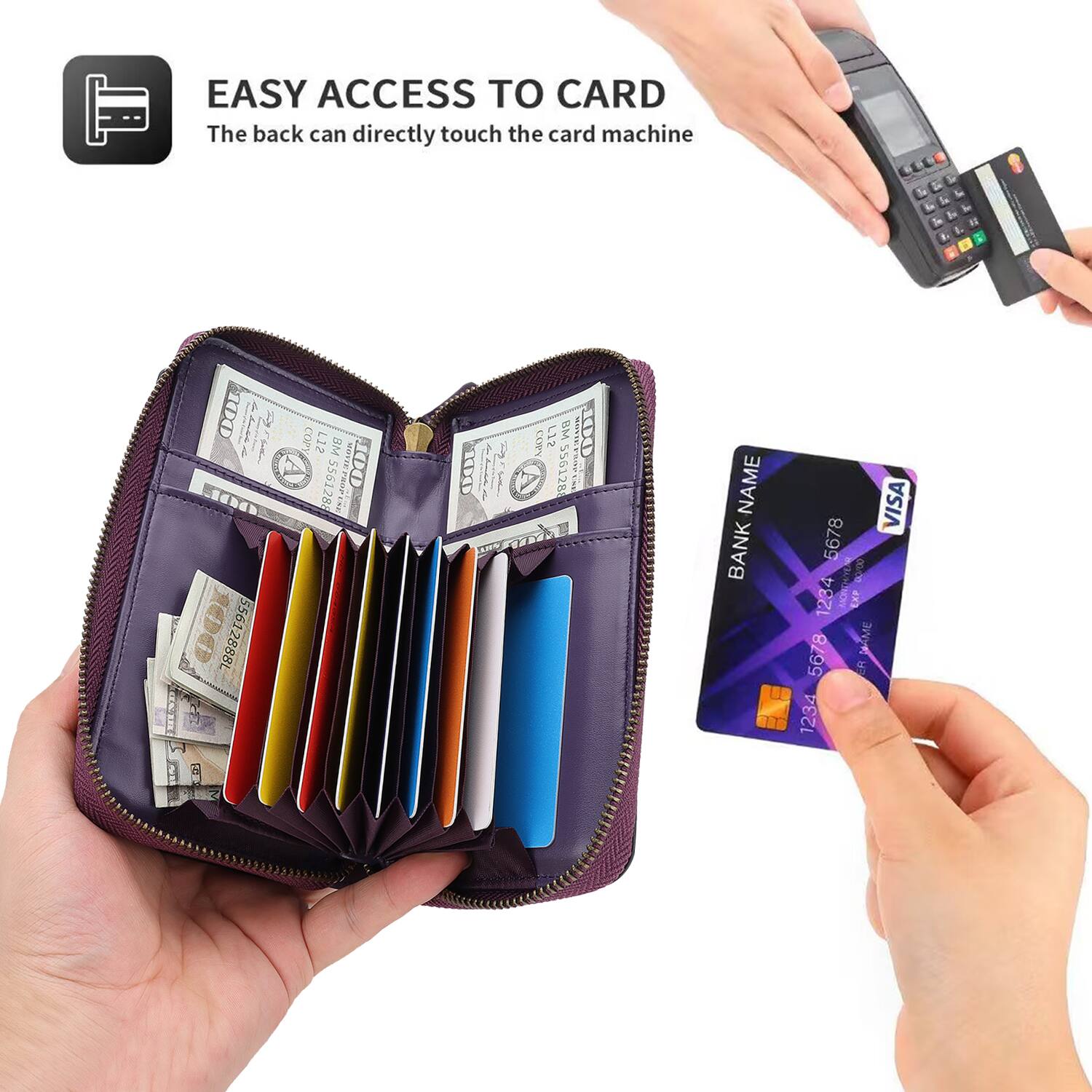 EASY ACCESS TO CARD  
The back can directly touch the card machine

100 INFORMATION 55612888L  
COPY LIS BM 5561288 MOVIE PROP USE 100  
100  
COPY  
L12  
BM 556128  
100  
NAME BANK  
5678 1234 5678 1234  
EXP NAME ER  
VISA