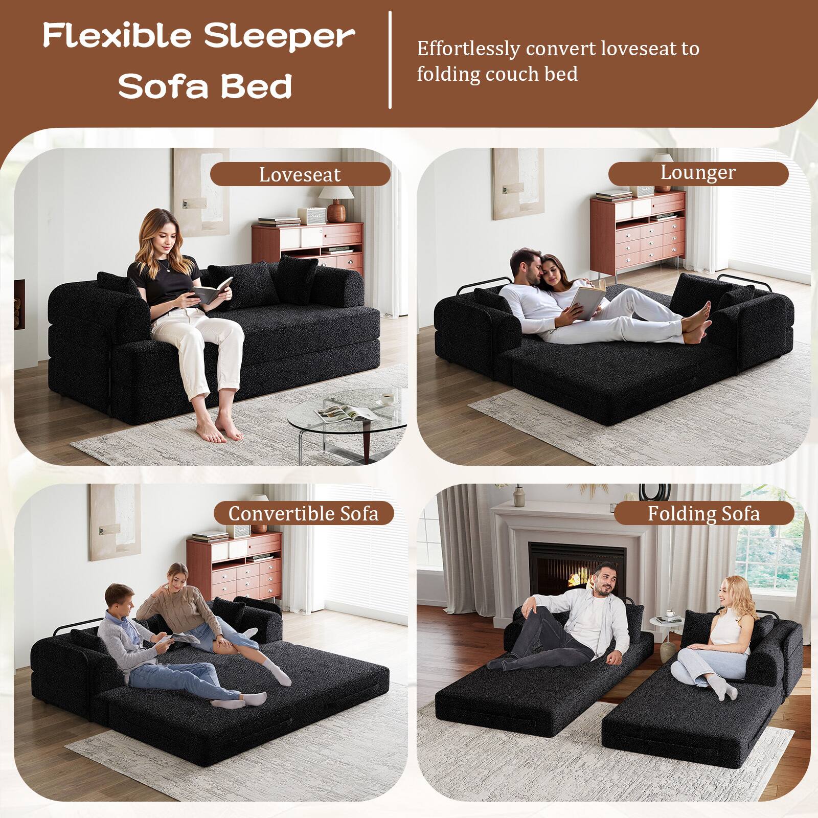 Flexible Sleeper Sofa Bed

Effortlessly convert loveseat to folding couch bed

- Loveseat
- Lounger
- Convertible Sofa
- Folding Sofa