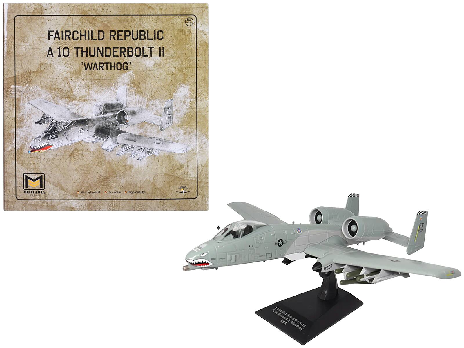 adid  
FAIRCHILD REPUBLIC A-10 THUNDERBOLT II "WARHOG"  
M MILITARIA  
Cast metal 0,1772 ccass  
High quality  
FT  
8597  
Fairchild USA Republic # "Warthog" A-10