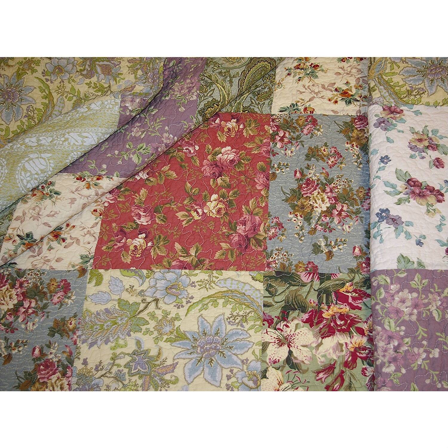 Left. Hivvago - Red Green Blue Purple Yellow White 100-Percent Cotton Floral Patchwork Quilt Throw Blanket - Multicolor.