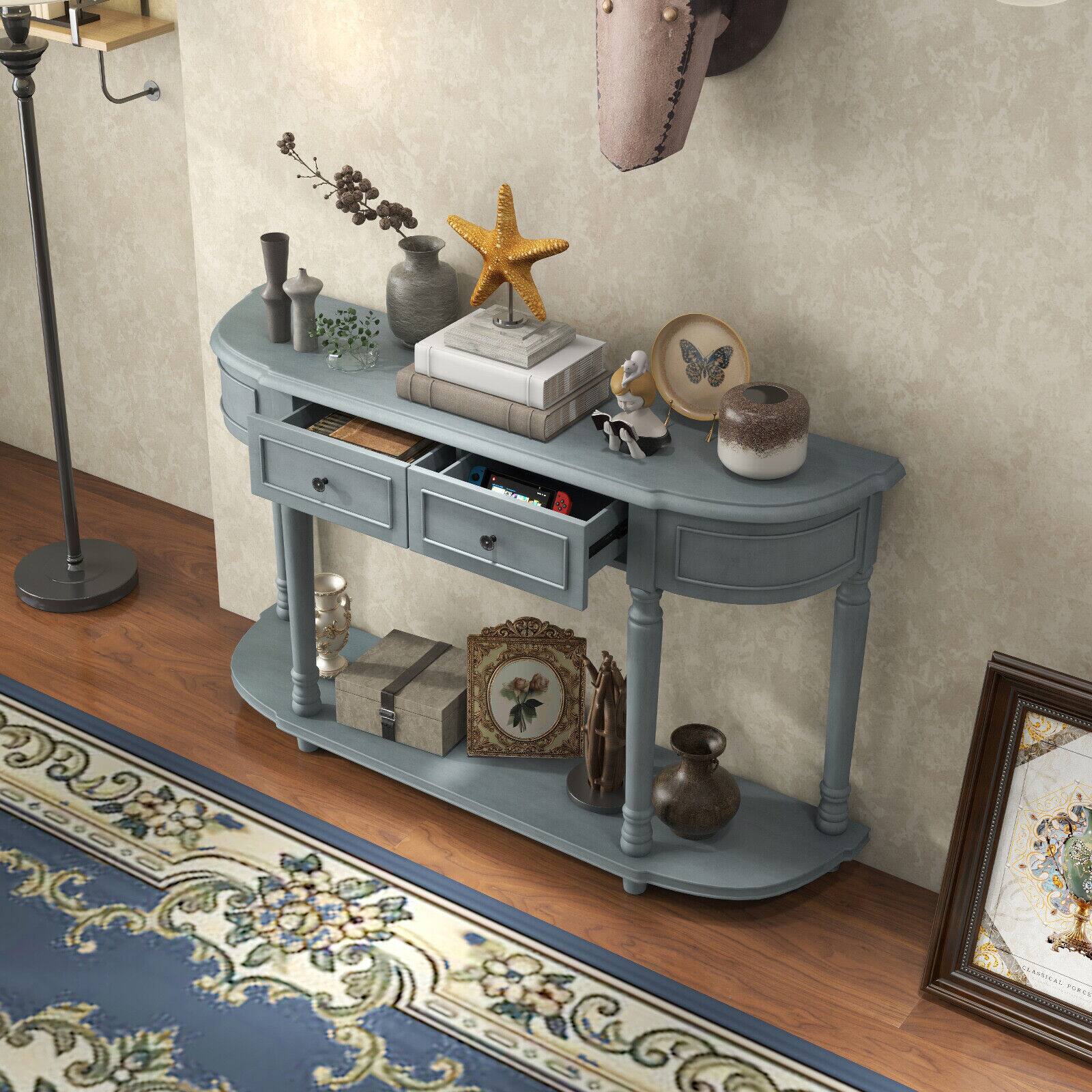 Alt View 8. Ecooso - 52" Retro Console Table with 2 Drawers and Open Shelf Entryway Sofa Table - Grey.