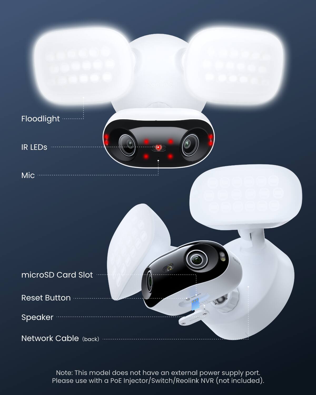 - Floodlight
- IR LEDs
- Mic
- microSD Card Slot
- Reset Button
- Speaker
- Network Cable (back)

Note: This model does not have an external power supply port. Please use with a POE Injector/Switch/Reolink NVR (not included).