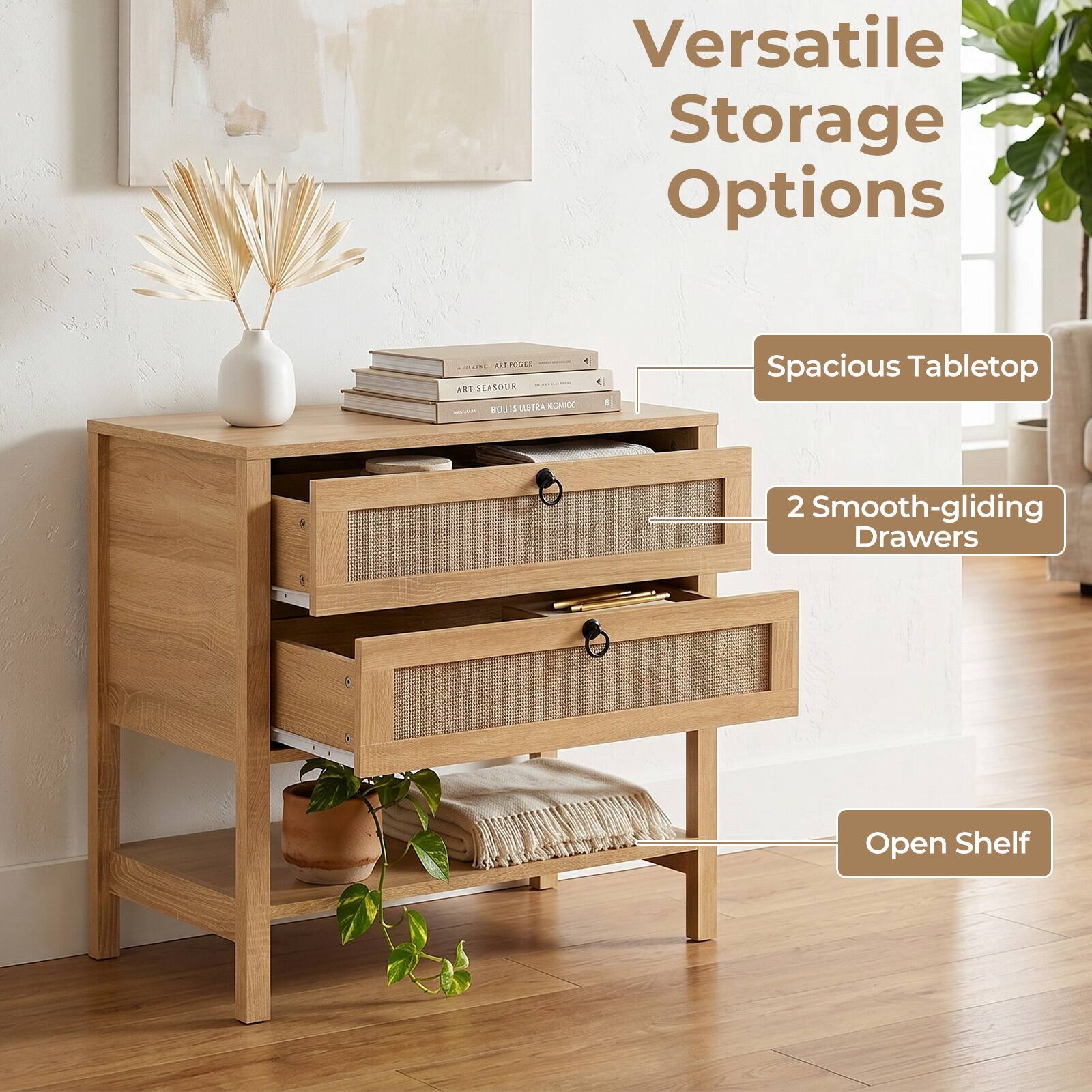 Versatile Storage Options

- Spacious Tabletop
- 2 Smooth-gliding Drawers
- Open Shelf