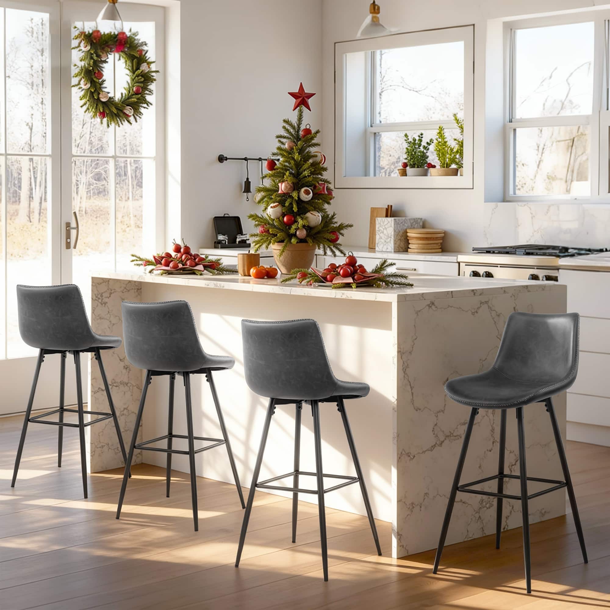 KERDOM - 4pcs Bar Stools with Back, 24/28 inches Height Counter Bar Chair, PU Leather Armless Kitchen Island High Dining Chair - 28‘’ Height - Grey