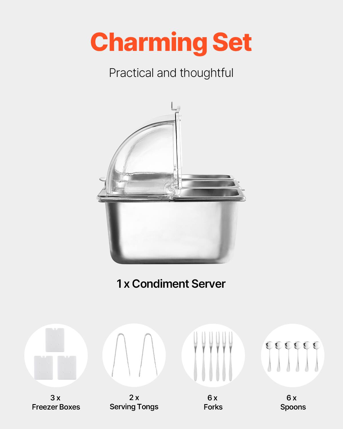 Charming Set  
Practical and thoughtful  

1 x Condiment Server  
3 x Freezer Boxes  
2 x Serving Tongs  
6 x Forks  
6 x Spoons