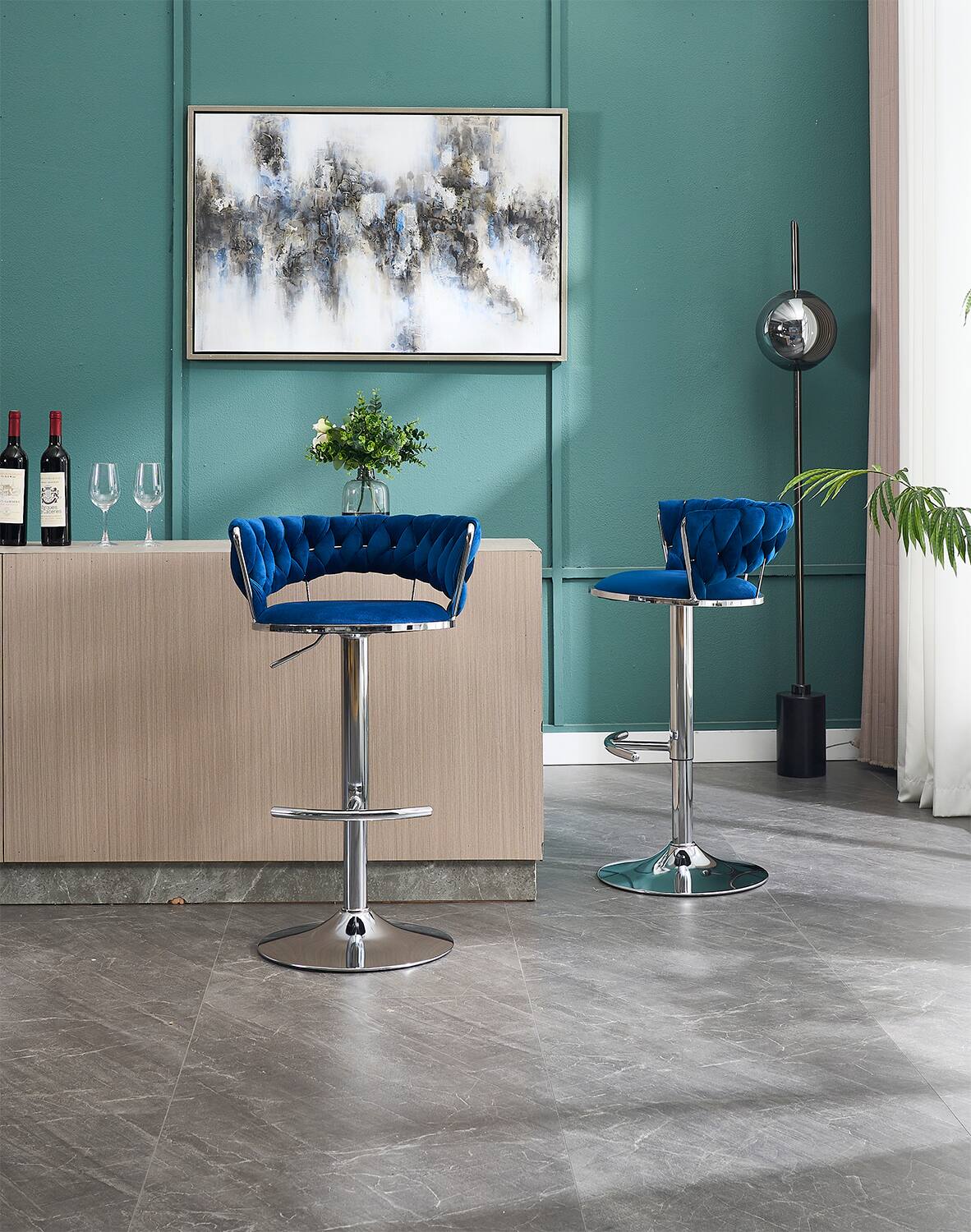 Angle. SlickBlue - Modern Adjustable Bar Stools – Set of 2 Velvet Swivel Chairs with Chrome Legs - Blue.