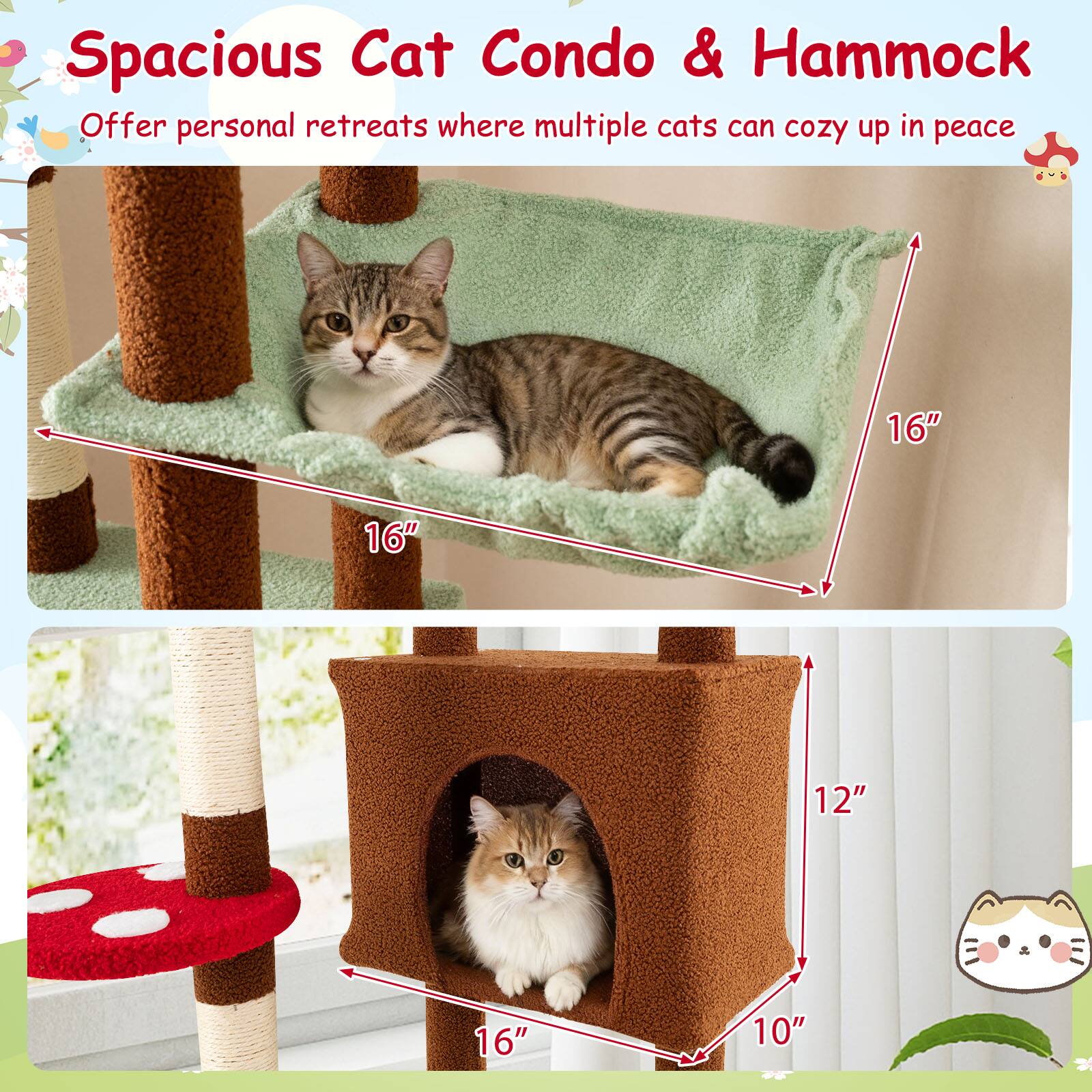 Spacious Cat Condo & Hammock  
Offer personal retreats where multiple cats can cozy up in peace  

16" x 16" x 12"  
16" x 10"