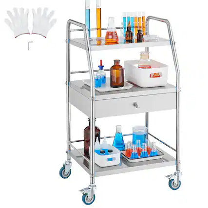 Front. VEVOR - Service Cart, 3 Layers Stainless Steel Utility Rolling Cart, Medical Cart with Drawer, Dental Cart with Lockable Wheels - Silver.