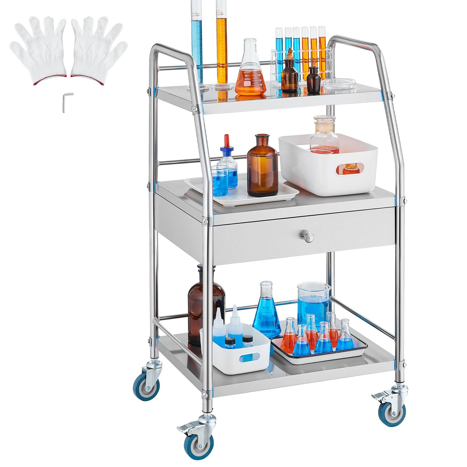 VEVOR - Service Cart, 3 Layers Stainless Steel Utility Rolling Cart, Medical Cart with Drawer, Dental Cart with Lockable Wheels - Silver