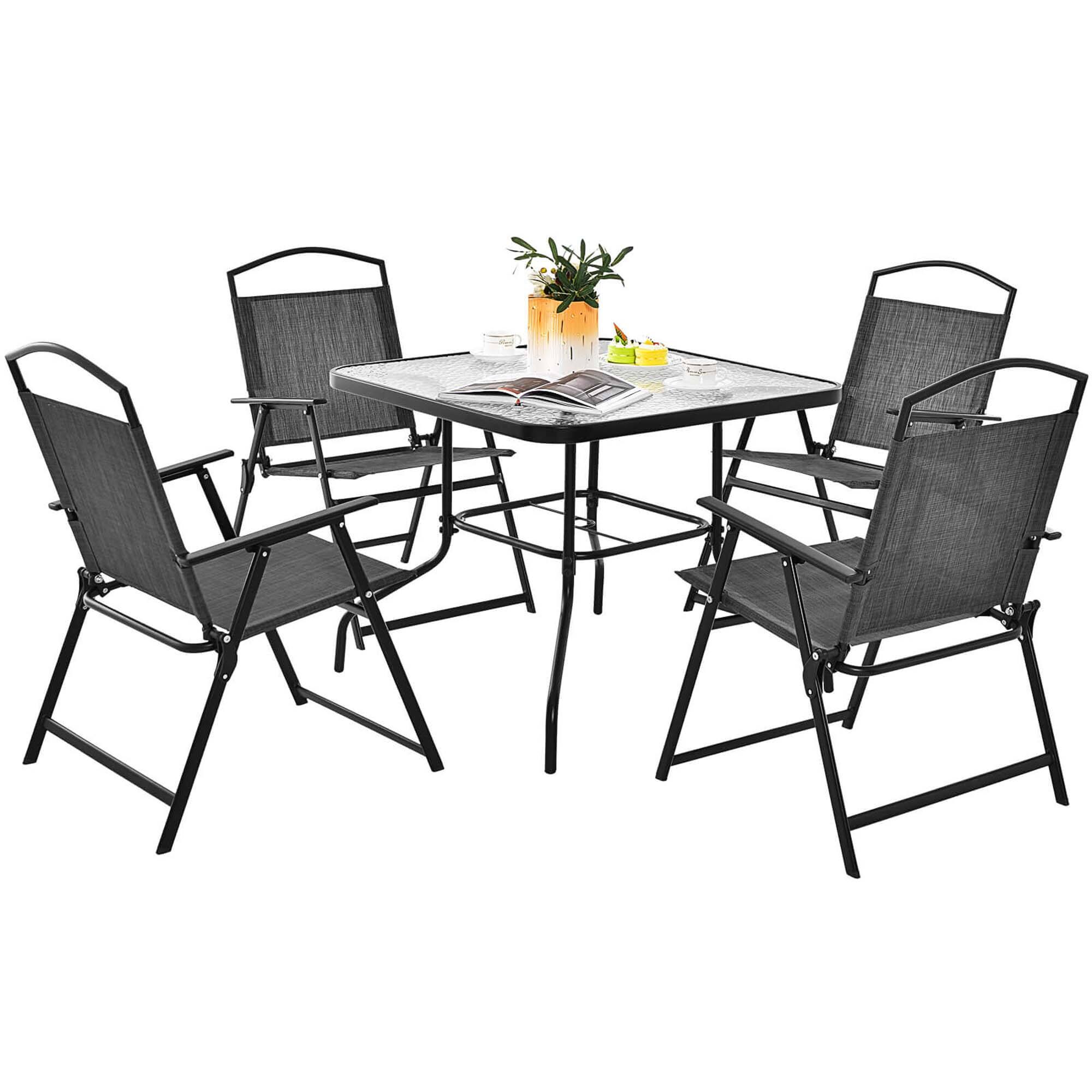 Alt View 5. Costway - Costway Patio Dining Set for 4 Folding Chairs & Dining Table Set with Umbrella Hole - Gray, Black.