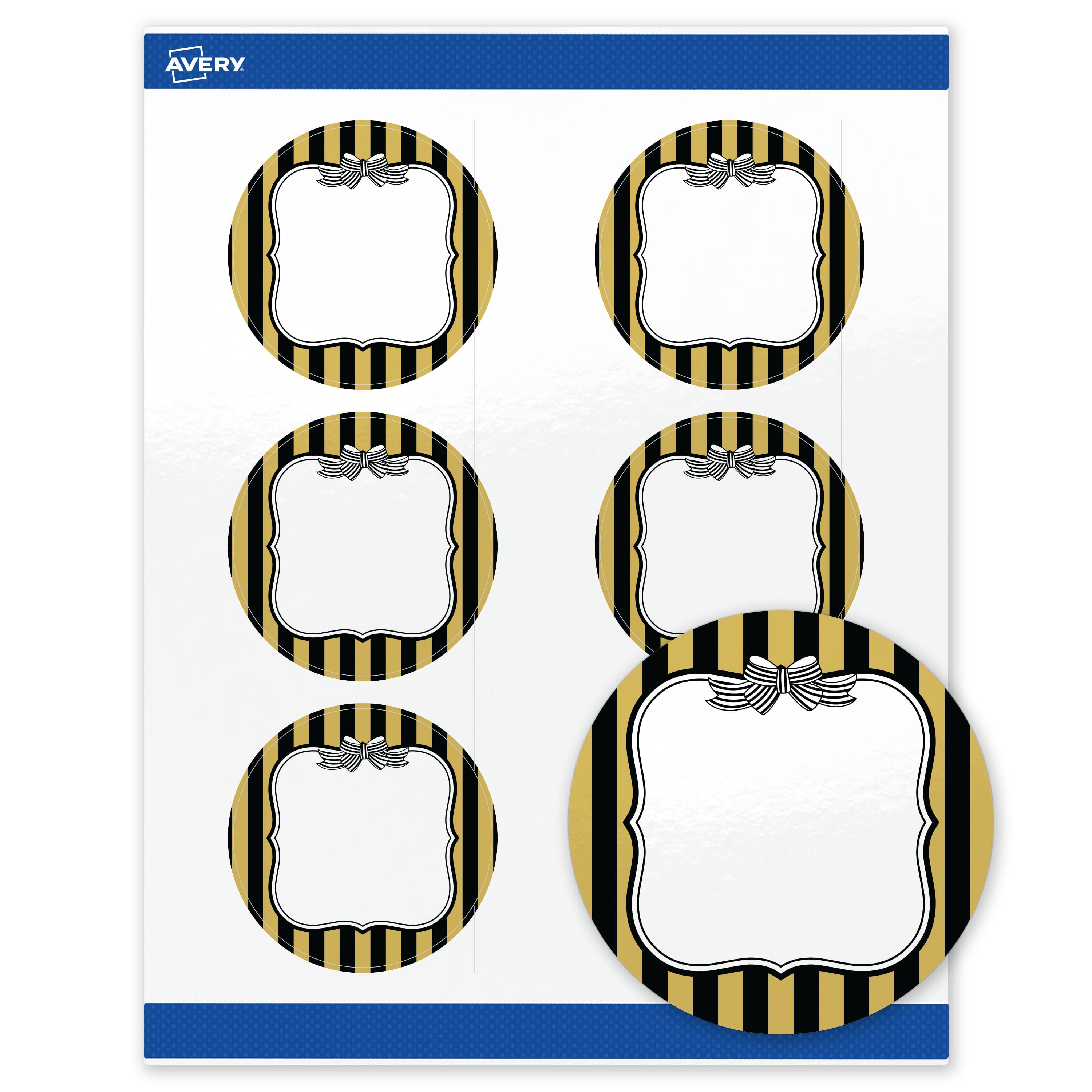 "Avery - Labels, 3"" Diameter, Glossy Gold & Black Stripes/Bow - White" price history on PriceWatchPro