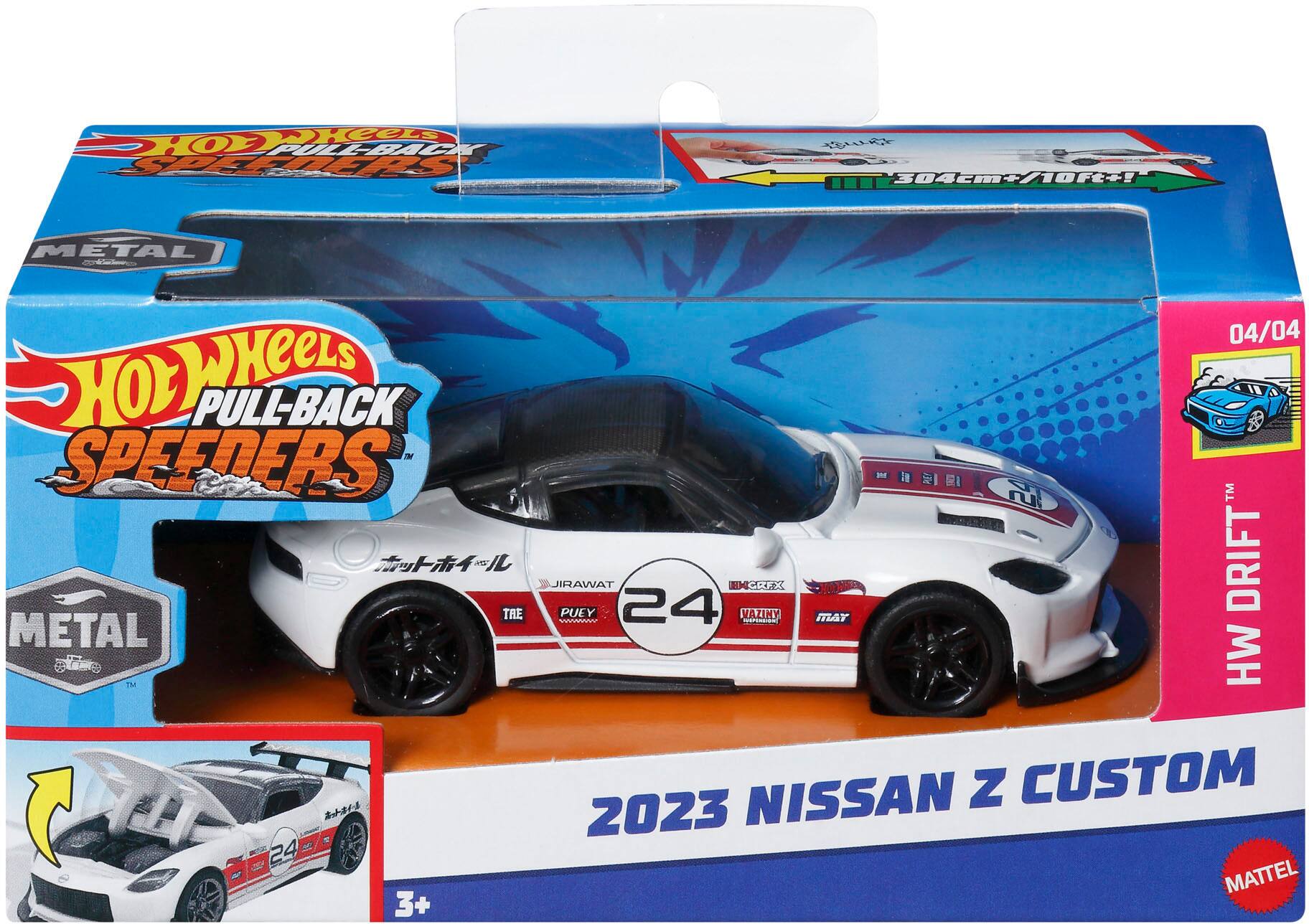 The text on the image reads: "Hot Wheels 2023 Nissan Z Custom 1:32 Scale Die-Cast Car."