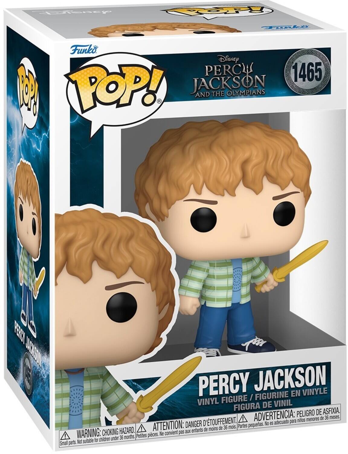 Sure, here is the corrected and grouped text from the image:

---

**Funko POP!**

**Disney PERCY JACKSON AND THE OLYMPIANS**

**1465**

**PERCY JACKSON**

**VINYL FIGURE / FIGURINE EN VINYLE / FIGURA DE VINIL**

**WARNING: CHOKING HAZARD. Small parts. Not suitable for children under 36 months.**

**ATTENTION: DANGER D'ÉTOUFFEMENT. Petites pièces. Ne convient pas aux enfants de moins de 36 mois.**

**ADVERTENCIA: PELIGRO DE ASFIXIA. No es adecuado para niños menores de 36 meses.**

---

This text is from the packaging of a Funko Pop! vinyl figure of Percy Jackson.