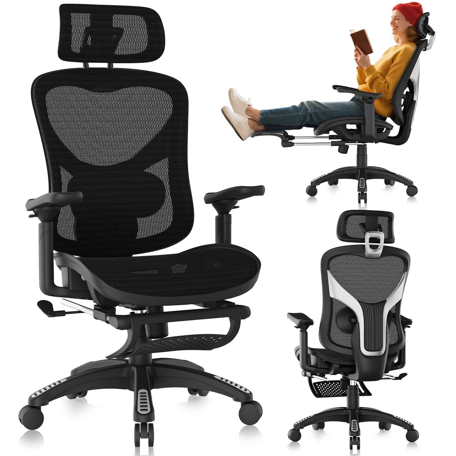 Front. Hirose Alice - Ergonomic Office Chair, Mesh Desk Chair with Footrest, Adjustable Lumbar Support, 3D Armrest & Large Headre... - Default.