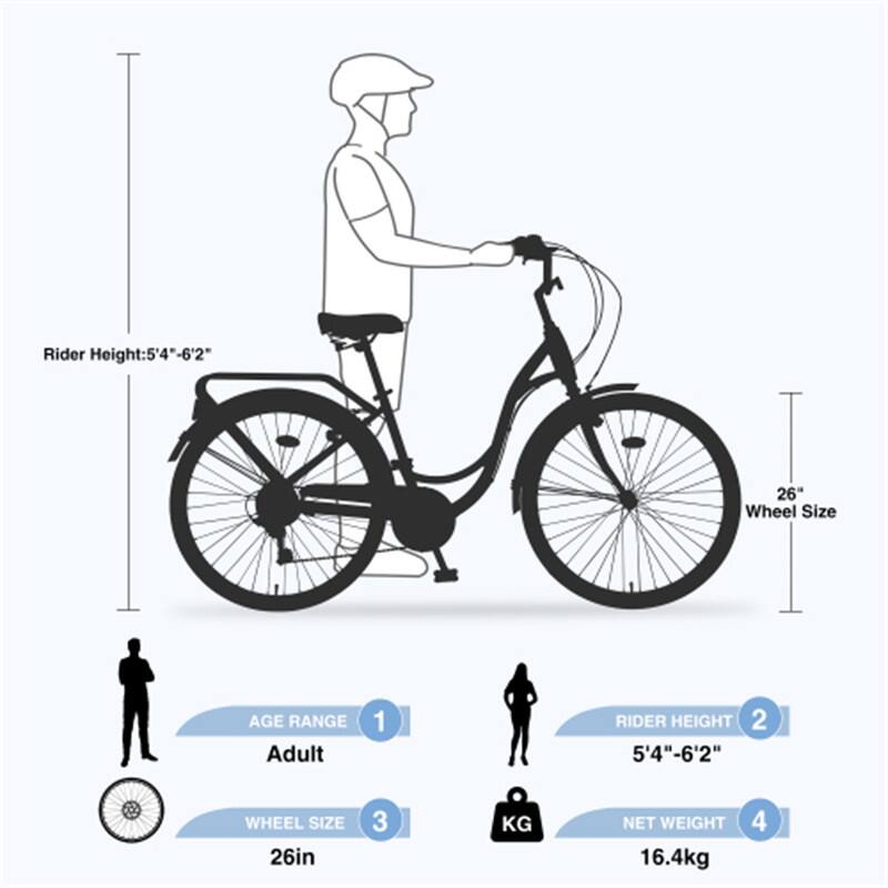 1. AGE RANGE: Adult  
2. RIDER HEIGHT: 5'4" - 6'2"  
3. WHEEL SIZE: 26"  
4. NET WEIGHT: 16.4kg