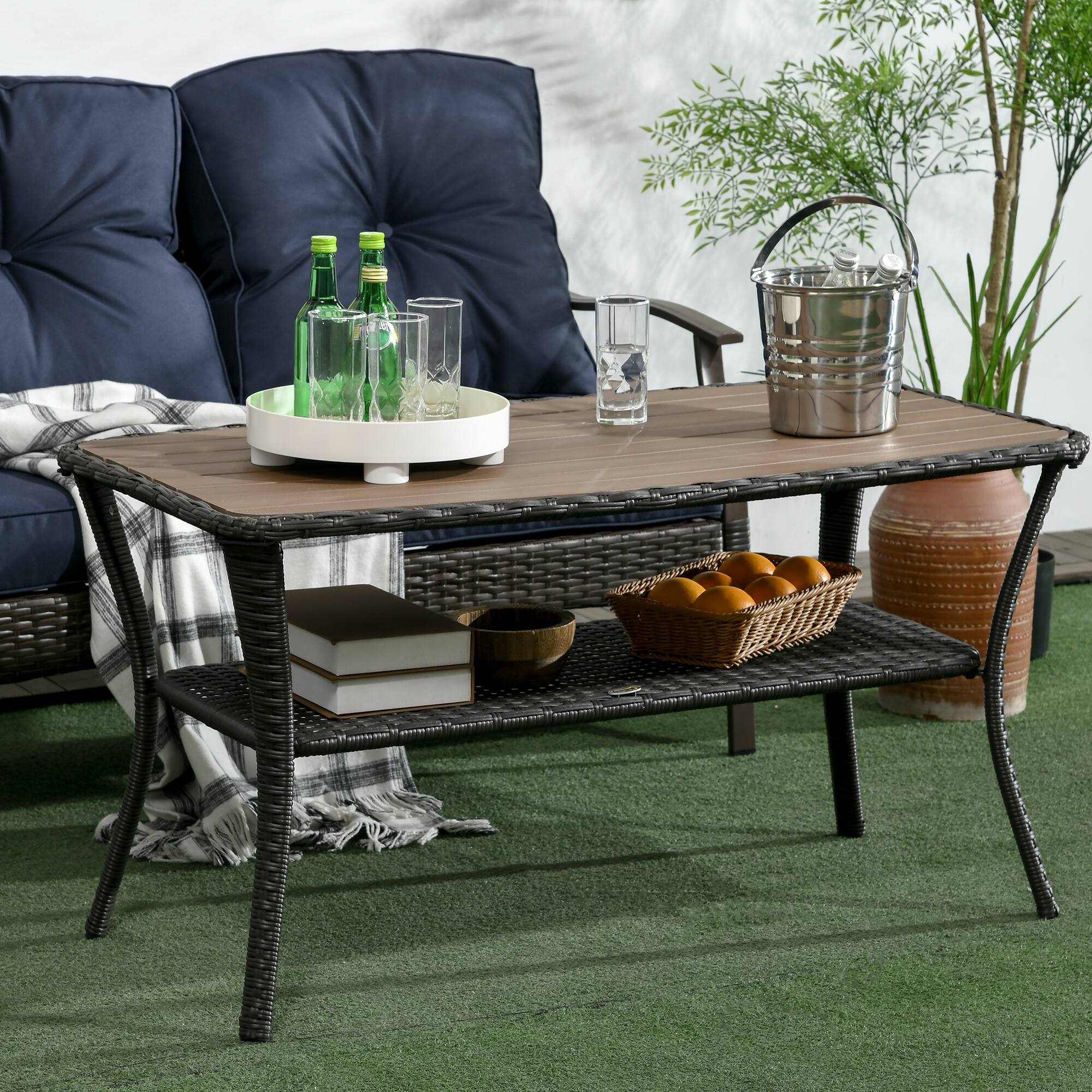 Alt View 1. Outsunny - PE Rattan Outdoor Coffee Table with Storage, 2-Layer Wicker Side Table, Patio Storage Table - Brown.