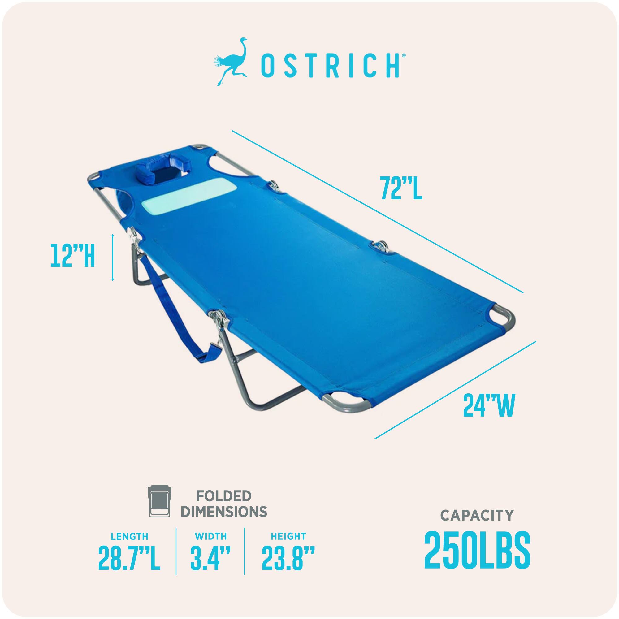 OSTRICH  
72"L 12"H 24"W  
FOLDED DIMENSIONS  
LENGTH 28.7"L  
WIDTH 3.4"  
HEIGHT 23.8"  
CAPACITY 250LBS