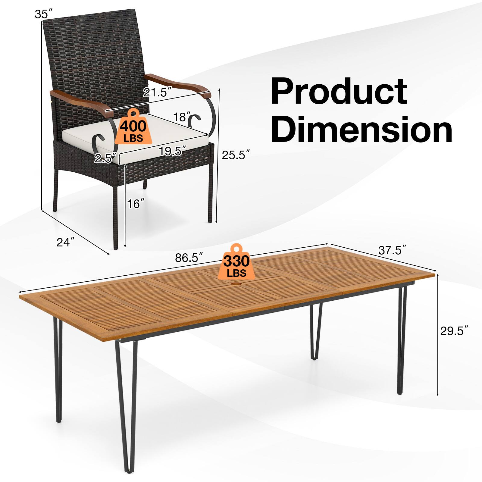 Product Dimension: 35" 21.5" 18" 400 LBS 19.5" 2.5" 25.5" 16" 24" 86.5" 330 LBS 37.5" 29.5"
