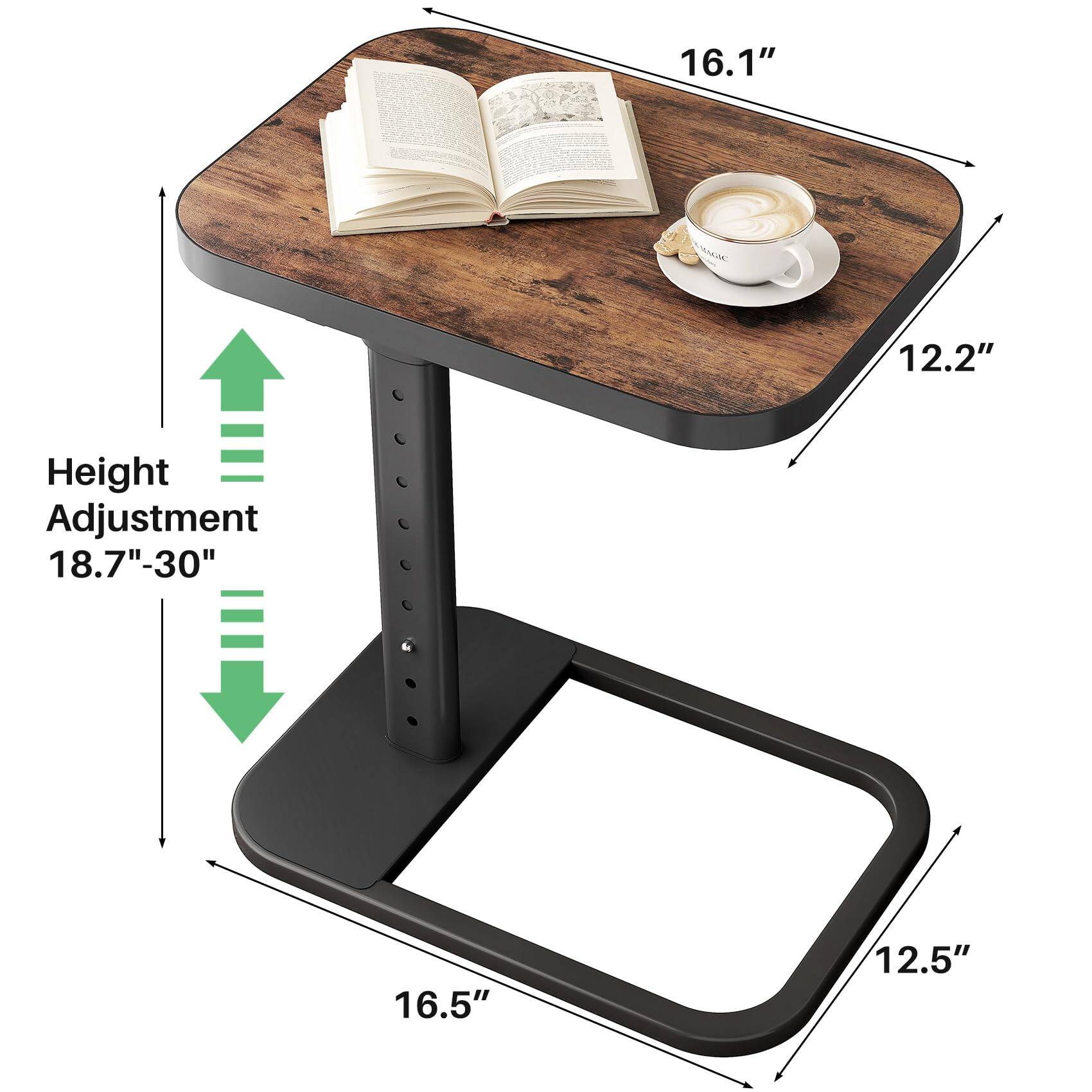 - Height Adjustment: 18.7" - 30"
- Width: 16.1"
- Depth: 12.2"
- Tabletop Width: 16.5"
- Tabletop Depth: 12.5"