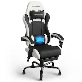RSPGAME - Basic Gaming Chair PU Leather Ergonomic Spring Cushion Computer Chair w/ Vibration Lumbar Support & Retractable Footrest - Black & White