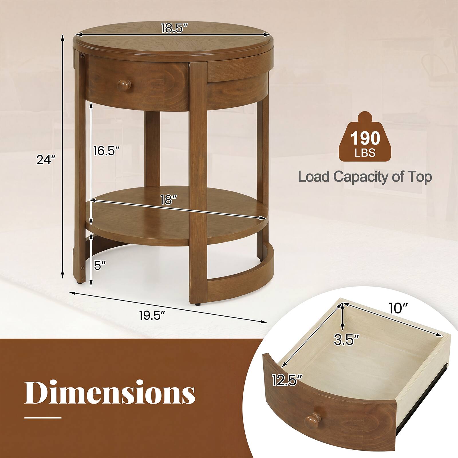18.5" 24" 16.5" 18" 190 LBS Load Capacity of Top 5" 19.5" 10" 3.5" Dimensions 12.5"