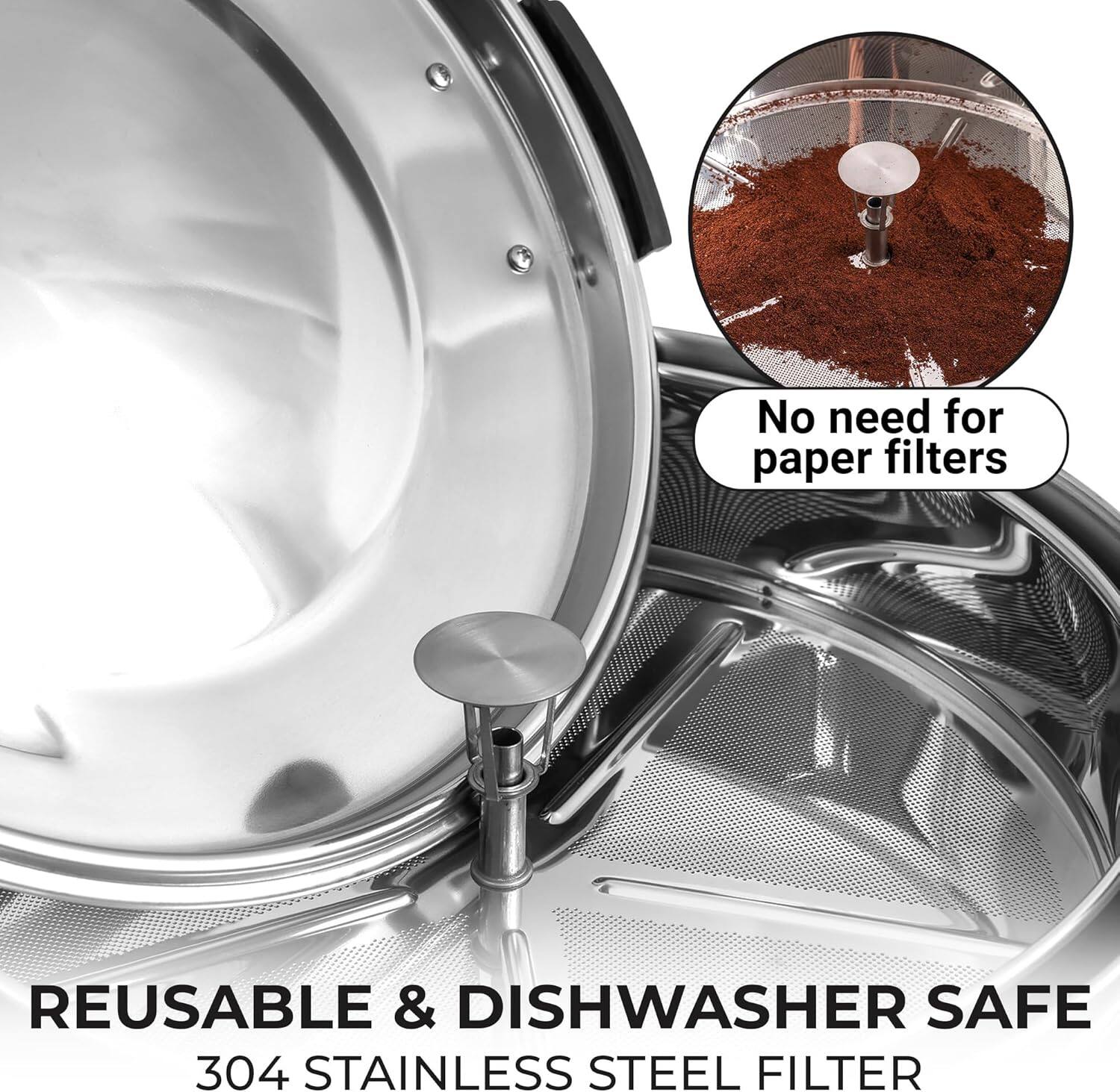 No need for paper filters

REUSABLE & DISHWASHER SAFE  
304 STAINLESS STEEL FILTER