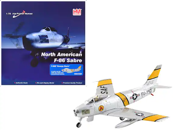 1:72 AIR POWER SERIES
IM OEMAT USAF North American F-86 Sabre
F-86E "George Davis" 51-2752, 4m FIG, 33-40h FIS, USAR 1952 (unconfirmed scheme)
NO 772 HA4328
Authentic Scale Die-cast Display Model
Premium Quality Product
SAF
FU-752