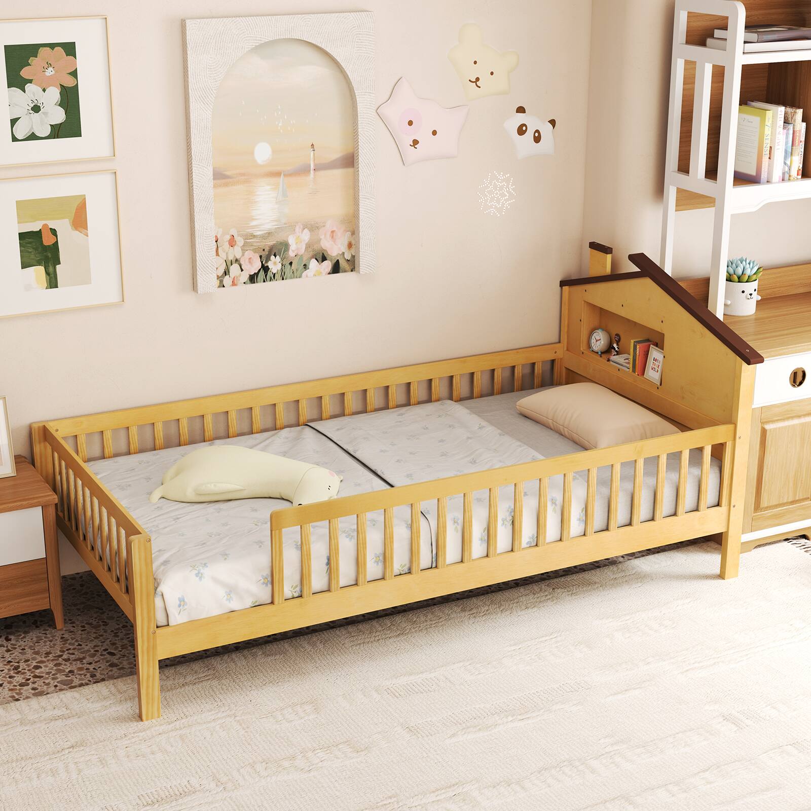 Alt View 4. Gymax - Gymax Twin Size Kids Bed Solid Wood Platform Bed w/ Under-bed Storage & Storage Cube Natural - Natural.