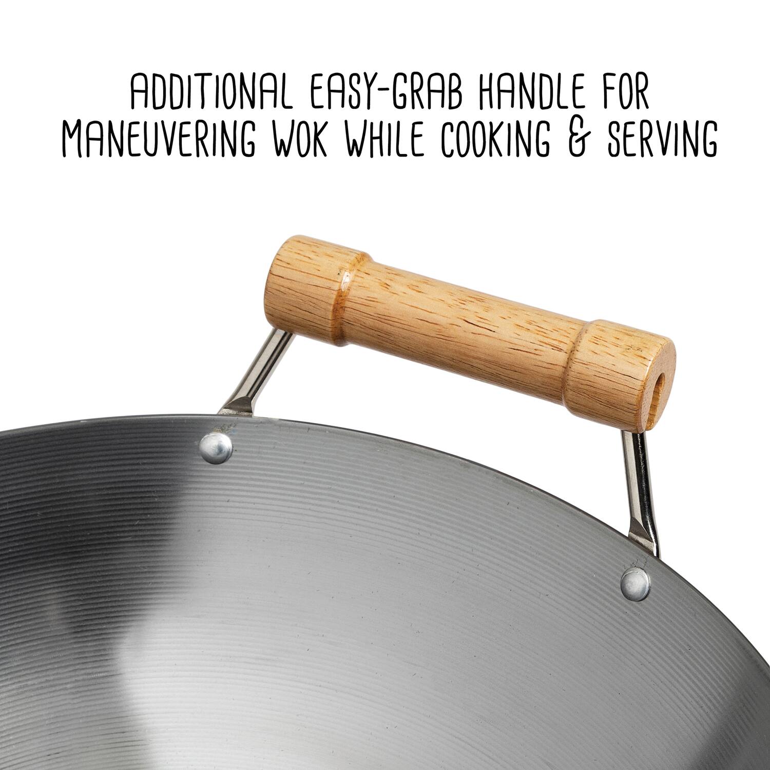 ADDITIONAL EASY-GRAB HANDLE FOR MANEUVERING WOK WHILE COOKING & SERVING