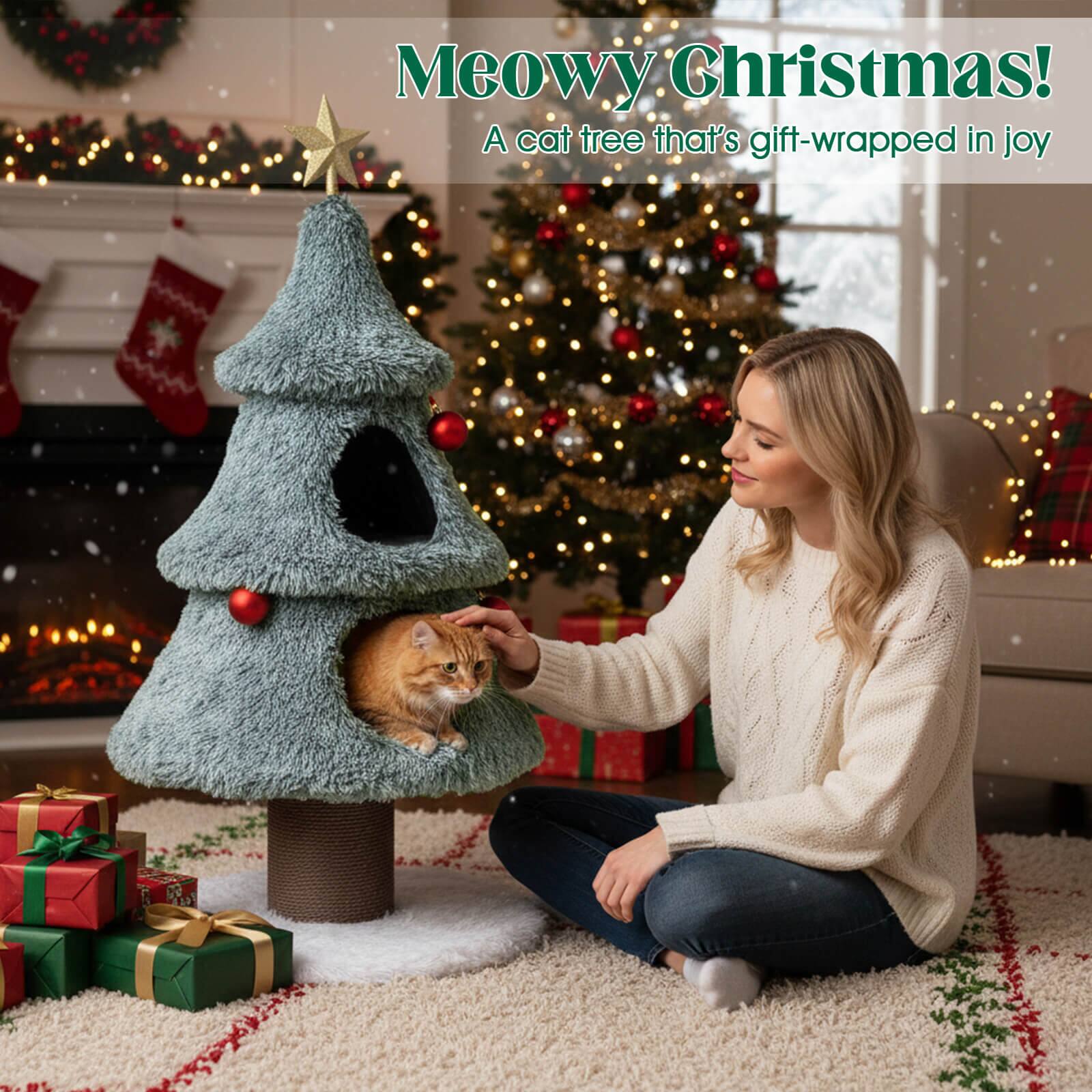 Meowy Christmas!  
A cat tree that's gift-wrapped in joy