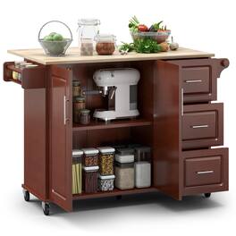 Ecooso - Portable Wooden Kitchen Island Cart with Drop-Leaf Table, 3 Drawers, Spice Rack & Towel Rack, Storage for Small Spaces - Brown