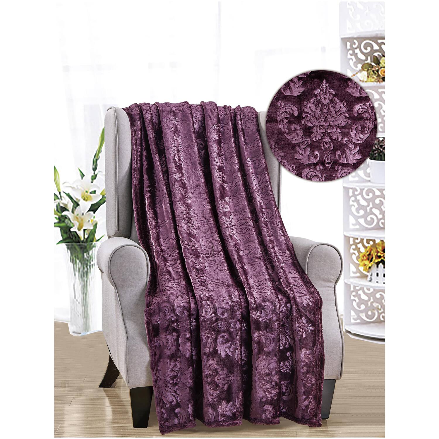 Noble House - Versailles Ultra Soft Plush Contemporary Embossed Pattern All Season 50" x 60" Throw Blanket - Plum