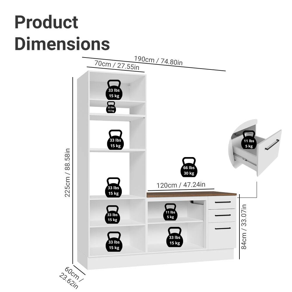 Product Dimensions

- 190cm / 74.80in
- 70cm / 27.55in
- 225cm / 88.58in
- 120cm / 47.24in
- 84cm / 33.07in
- 60cm / 23.62in

Weight Capacity:

- 33 lbs / 15 kg
- 33 lbs / 15 kg
- 33 lbs / 15 kg
- 33 lbs / 15 kg
- 66 lbs / 30 kg
- 11 lbs / 5 kg
- 11 lbs / 5 kg