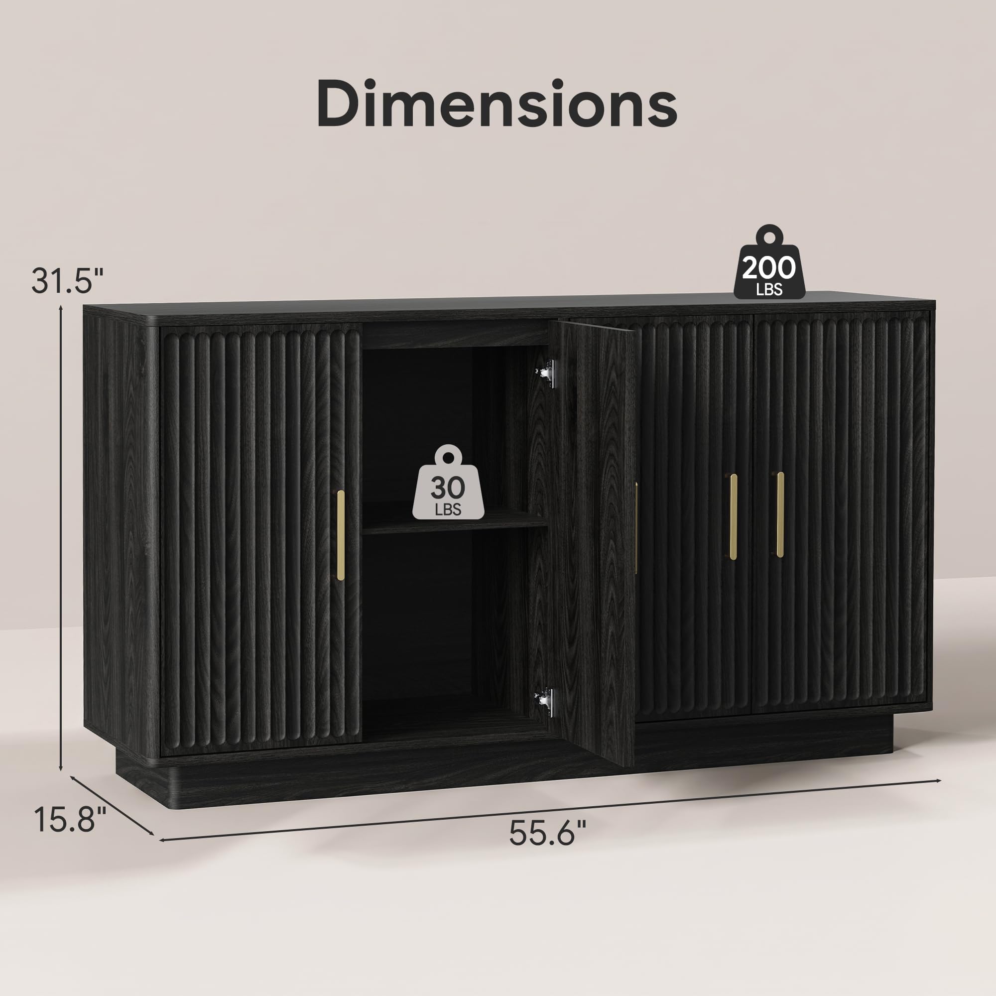 Dimensions
- Height: 31.5"
- Width: 55.6"
- Depth: 15.8"
- Top Shelf Weight Capacity: 200 LBS
- Middle Shelf Weight Capacity: 30 LBS