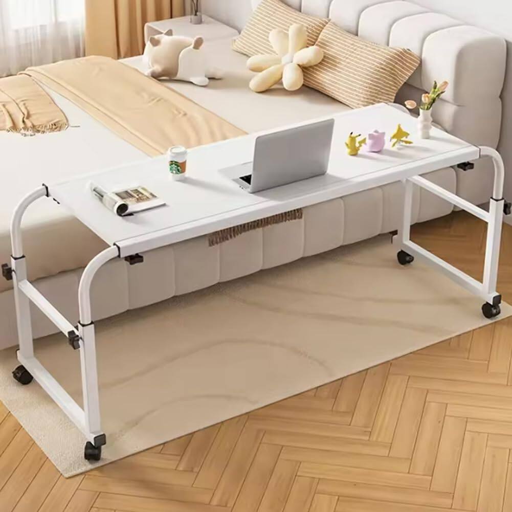 Left. Babevy - Overbed Table with Wheels, Adjustable Height & Length Rolling Desk for Home Office, Hospital & Bedroom - White.