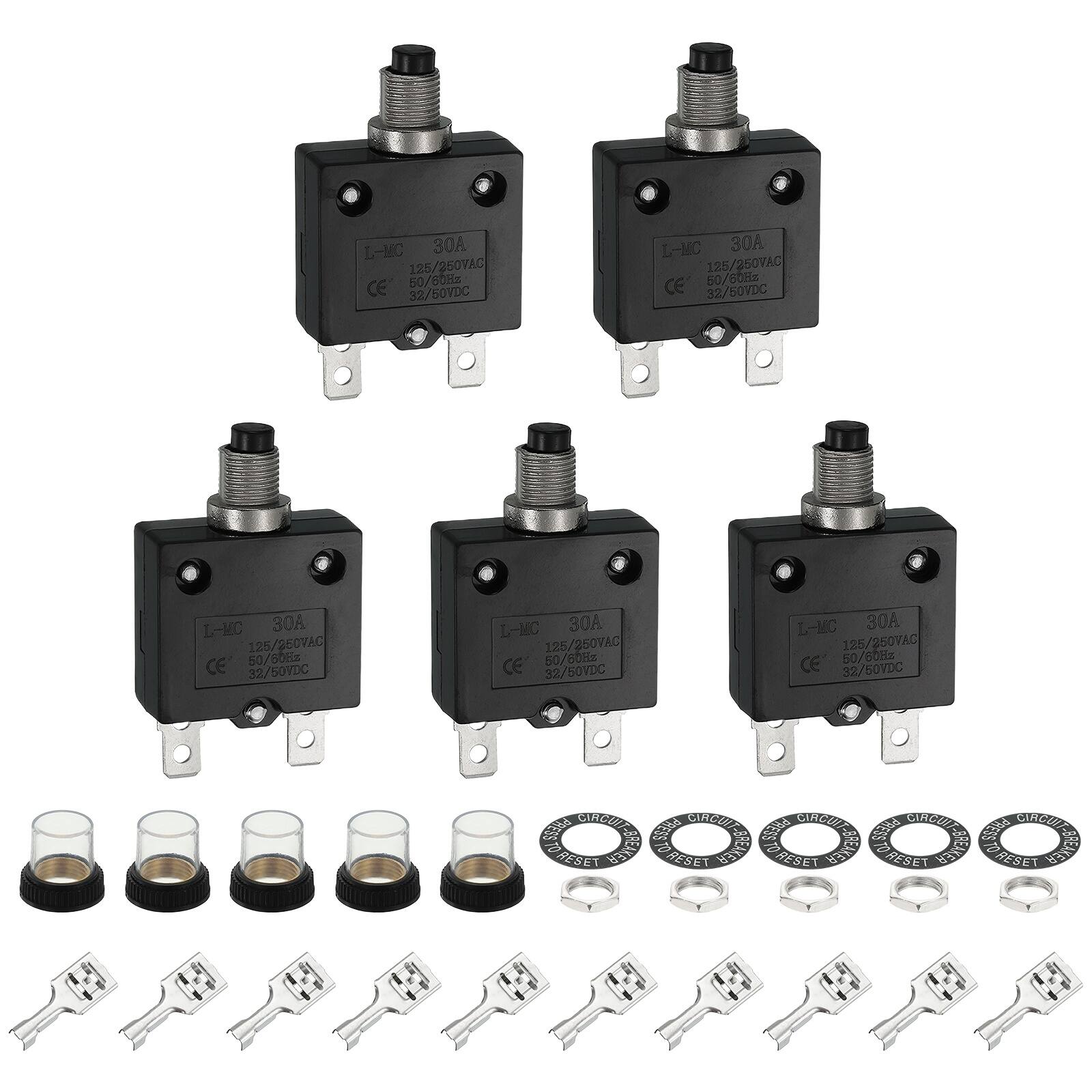 Unique Bargains - 5pcs 30A Thermal Circuit Breaker, 125/250V AC,32/50V DC, Manual Reset Push Button, Waterproof Caps, Quick Connect L-MC - Black price history on PriceWatchPro