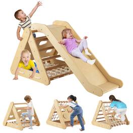 Gymax - 4 in 1 Wooden Climbing Triangle Set Triangle Climber w/ Ramp - Natural