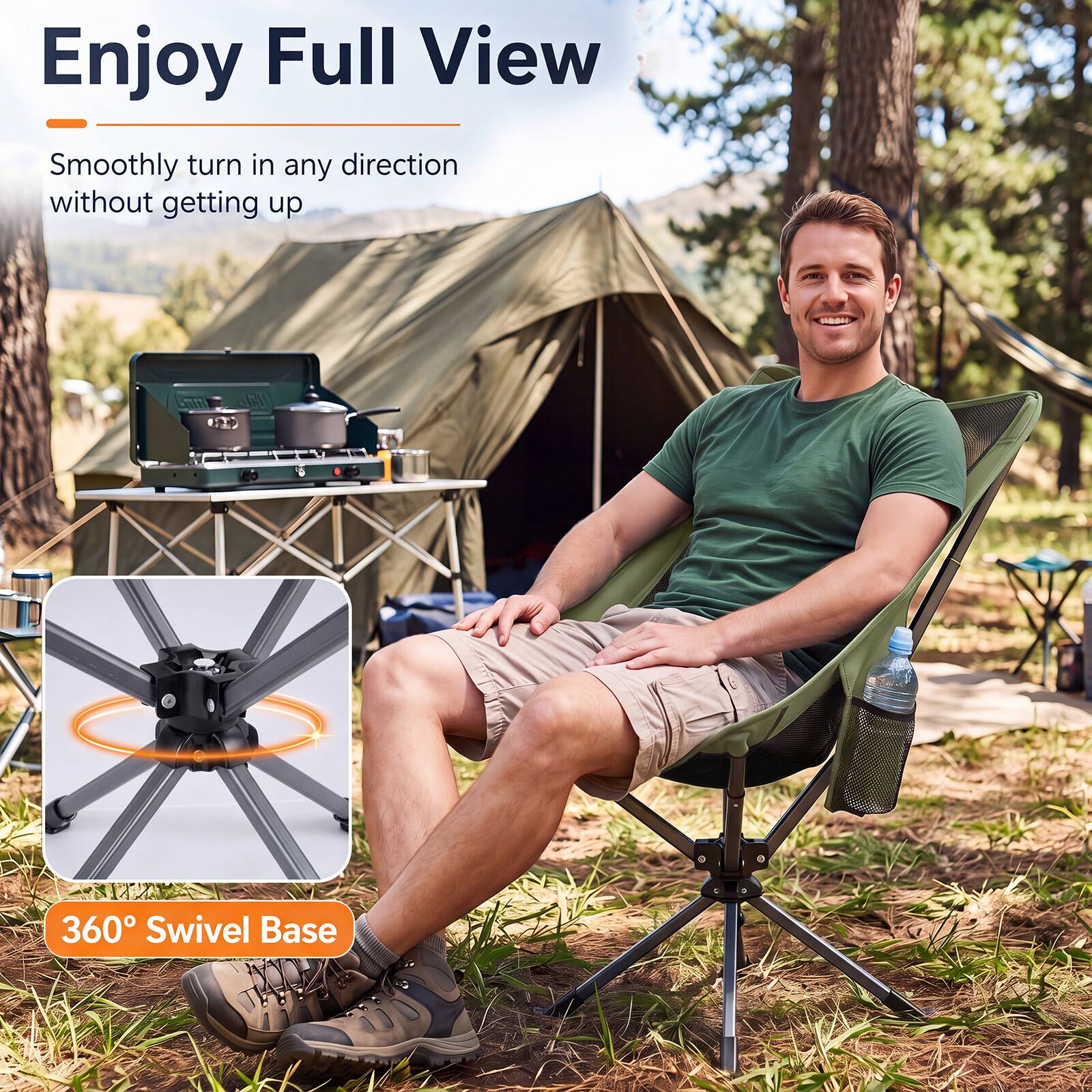 Enjoy Full View  
Smoothly turn in any direction without getting up  

360° Swivel Base