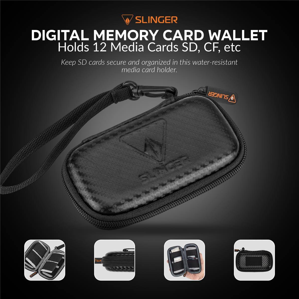 SLINGER DIGITAL MEMORY CARD WALLET  
Holds 12 Media Cards SD, CF, etc  
Keep SD cards secure and organized in this water-resistant media card holder.