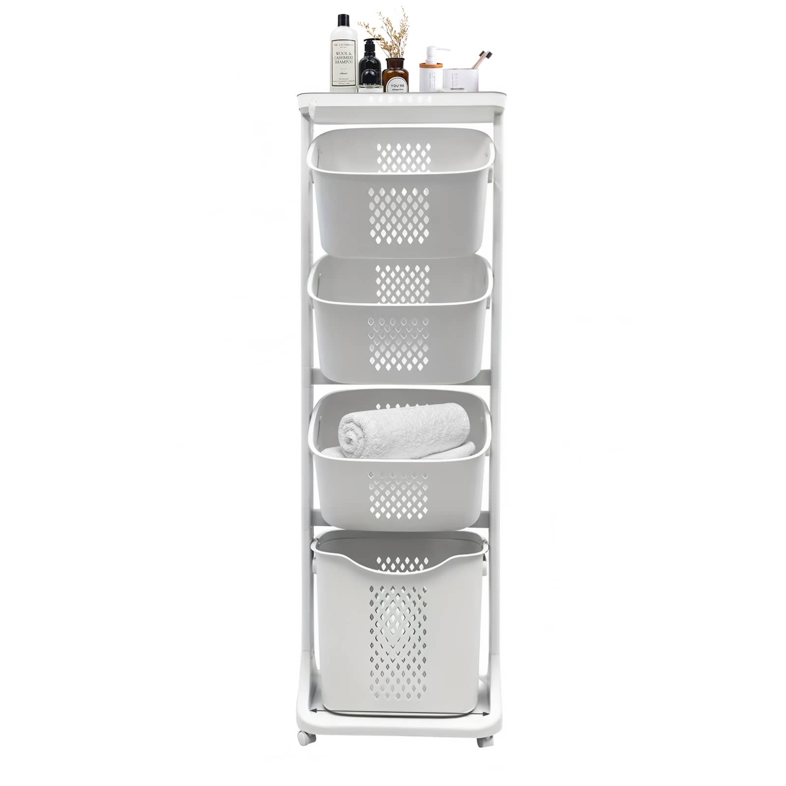 Front. MOOSOO - 4-Tier Laundry Hamper Sorter, Laundry Storage Organizer with Wheels Removable Rolling Laundry Baskets - White.