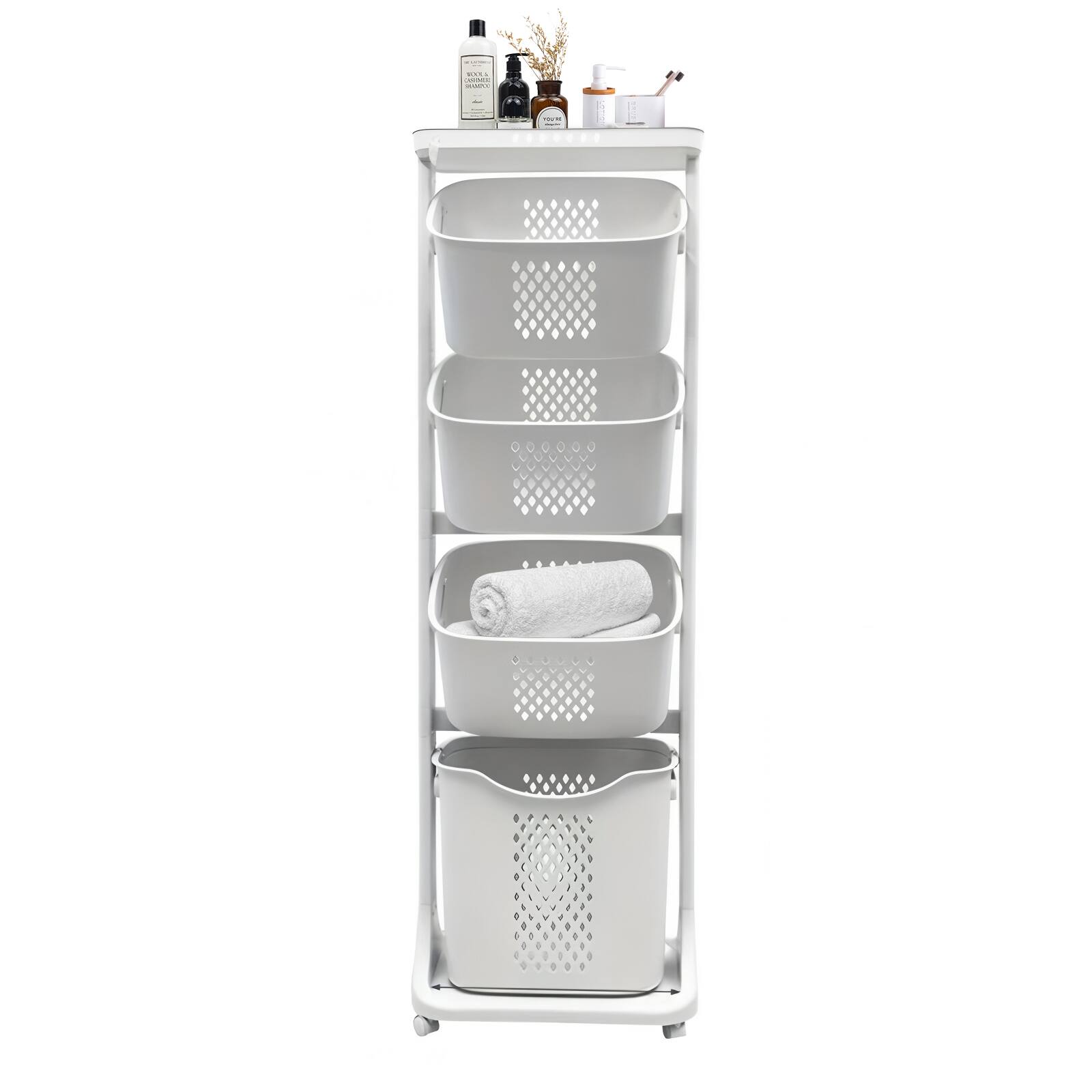 Front. MOOSOO - 4-Tier Laundry Hamper Sorter, Laundry Storage Organizer with Wheels Removable Rolling Laundry Baskets - White.