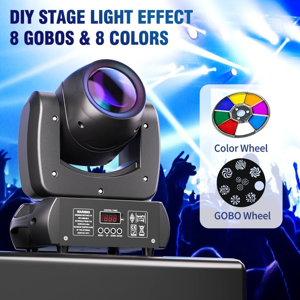DIY STAGE LIGHT EFFECT  
8 GOBOS & 8 COLORS  

Color Wheel  
GOBO Wheel  

WARNING  
CONTROL PANEL  
1888  

CE
