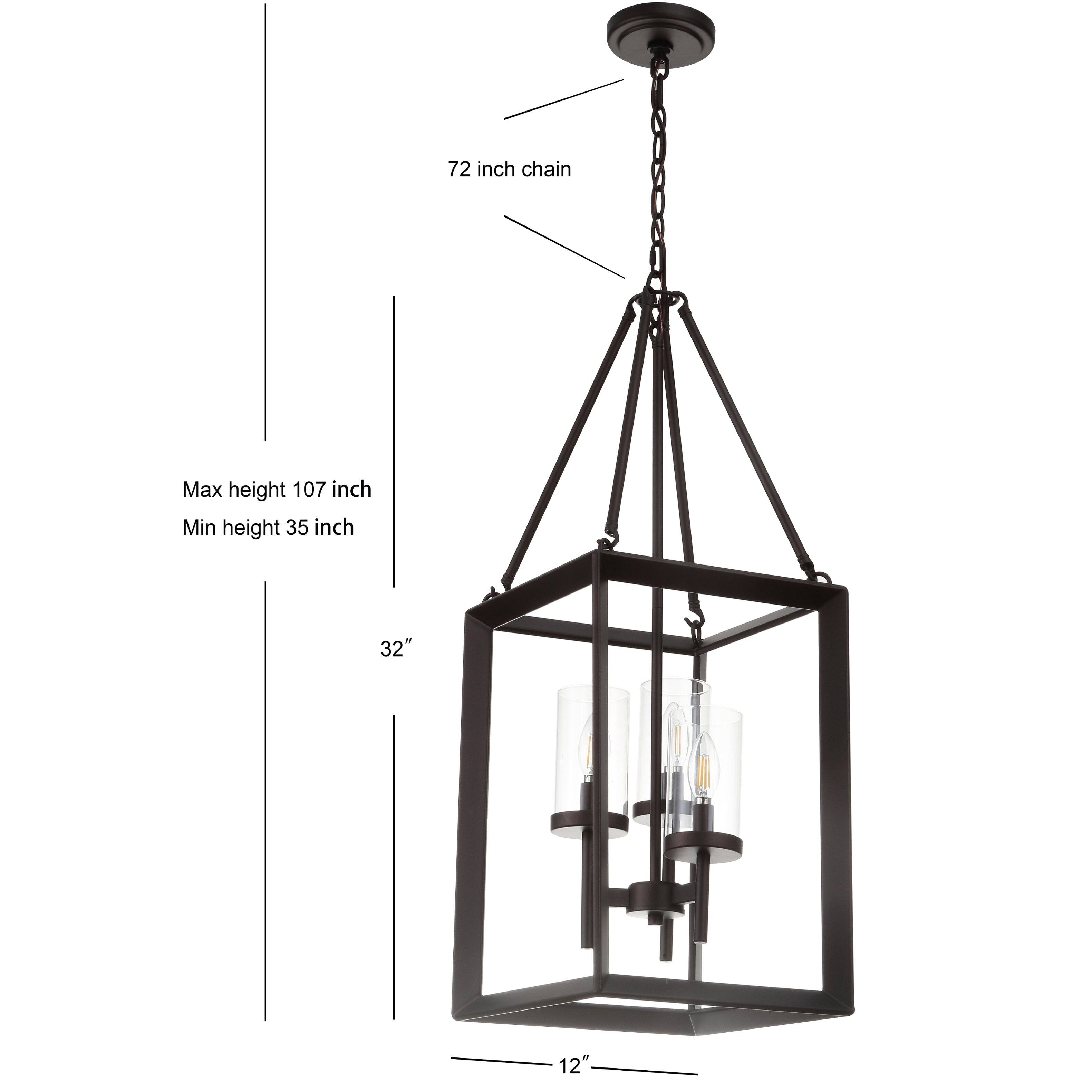 72 inch chain  
Max height 107 inch  
Min height 35 inch  
32"  
12"