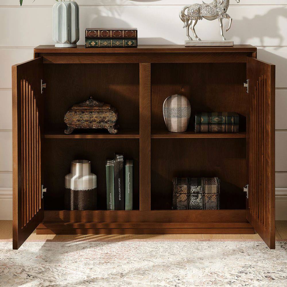 Angle. Kadyn - Narrow Fluted Sideboard Cabinet with Electrical Outlets - Walnut - Brown.